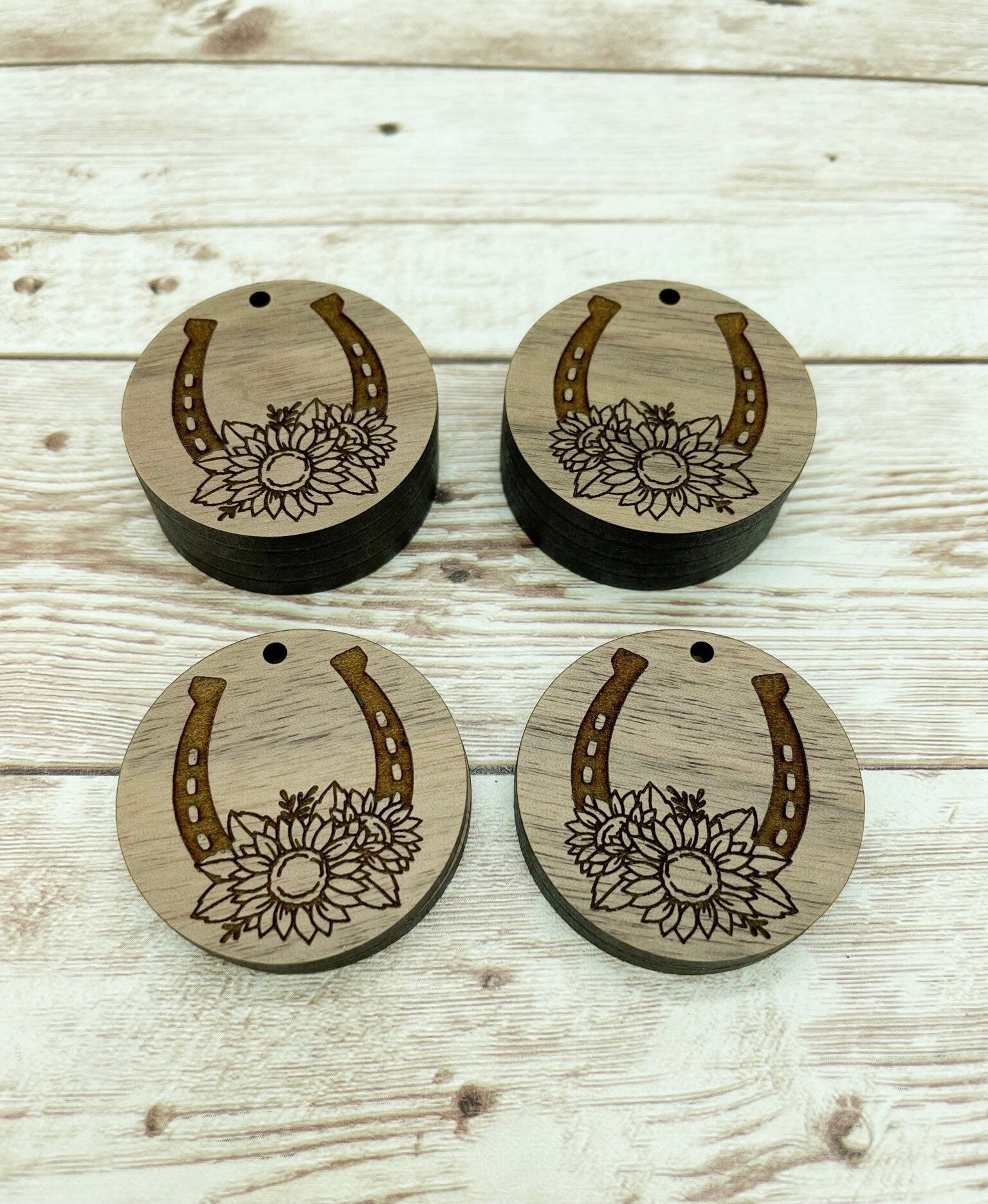 Wood Engraved Floral Horseshoe Earring Blanks, Finished Walnut Blank, DIY Jewelry Making