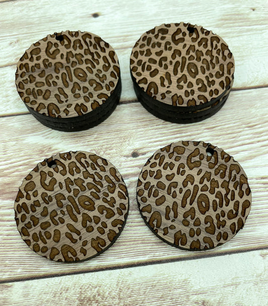 Wood Circle Round Engraved Leopard Print Earring Blanks, Finished Walnut Blank, DIY Jewelry Making