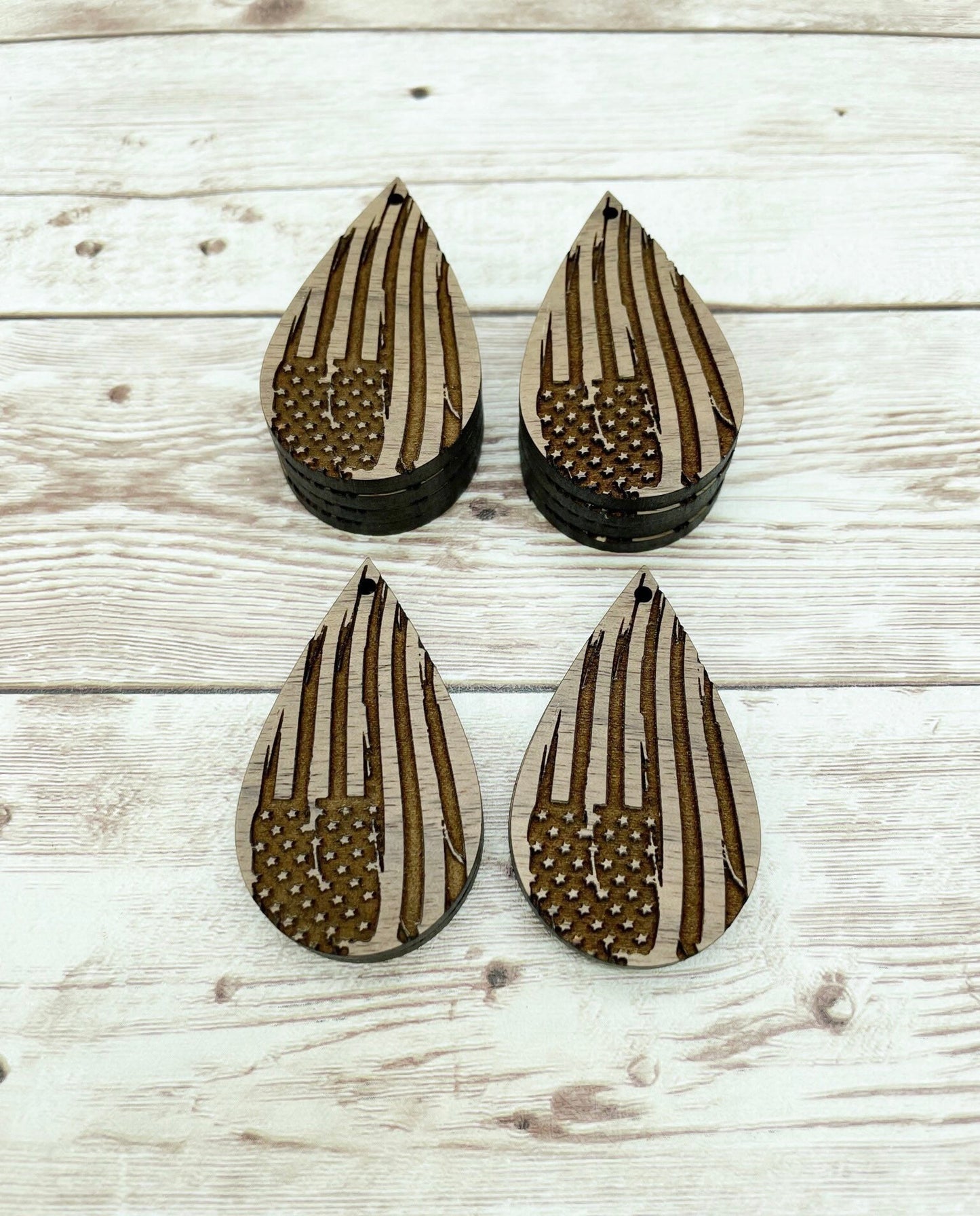 Wood Teardrop Engraved American Flag Earring Blanks, Finished Walnut Blank, DIY Jewelry Making
