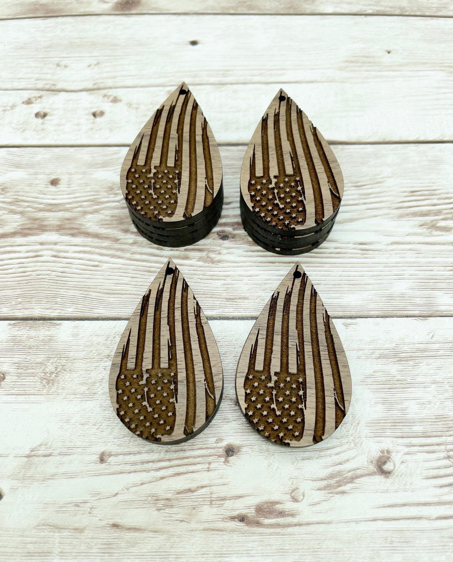 Wood Teardrop Engraved American Flag Earring Blanks, Finished Walnut Blank, DIY Jewelry Making