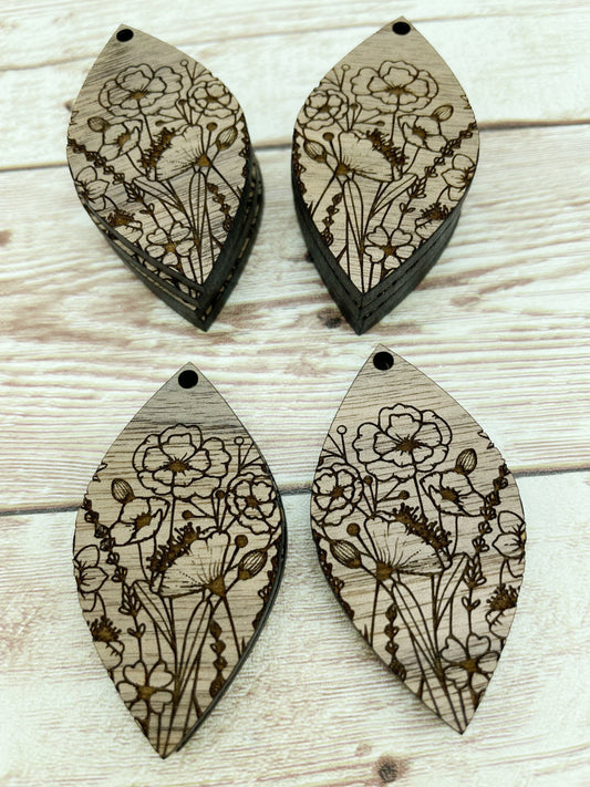 Wood Teardrop Engraved Wildflower Earring Blanks, Finished Walnut Blank, DIY Jewelry Making