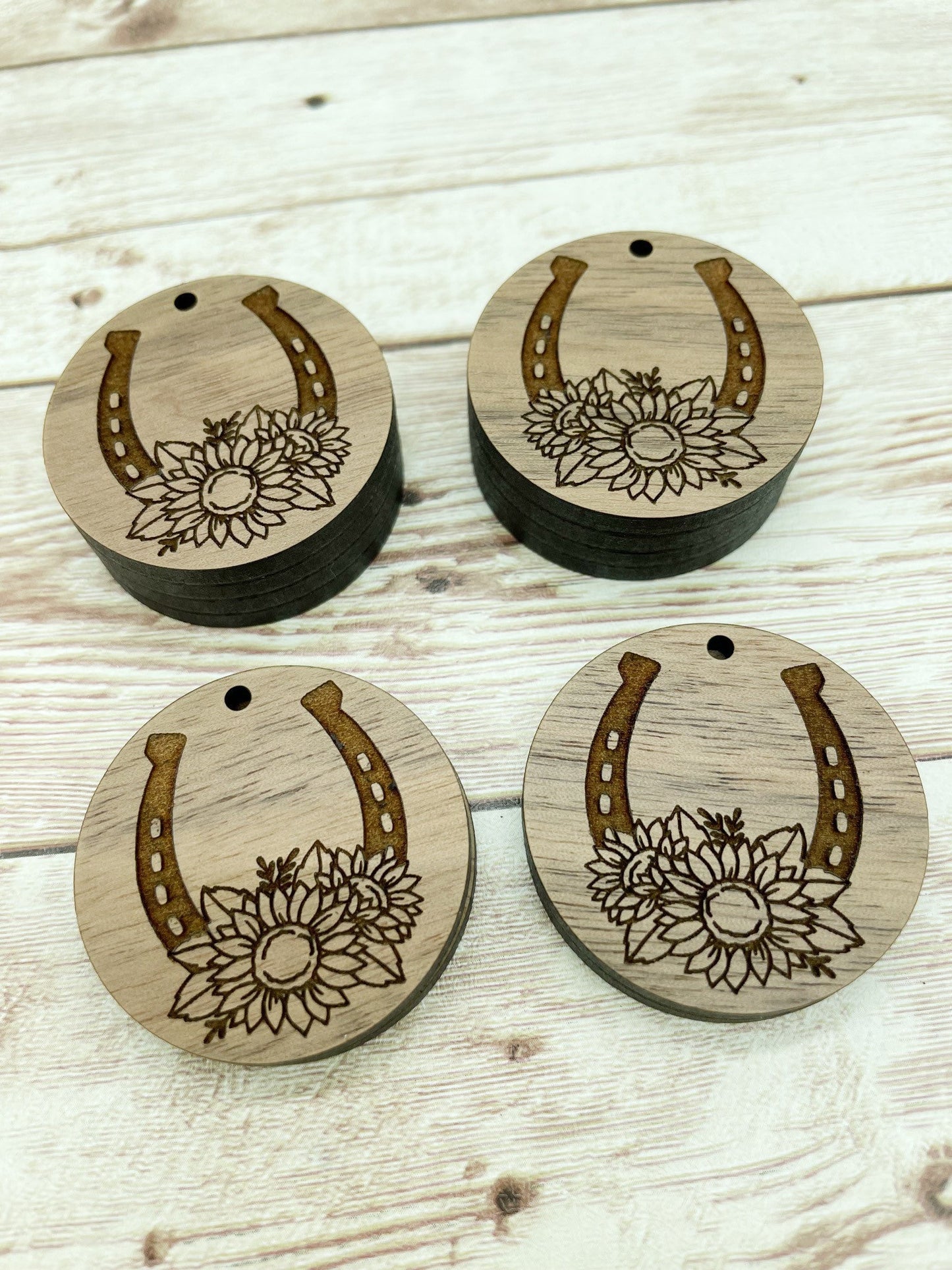 Wood Engraved Floral Horseshoe Earring Blanks, Finished Walnut Blank, DIY Jewelry Making