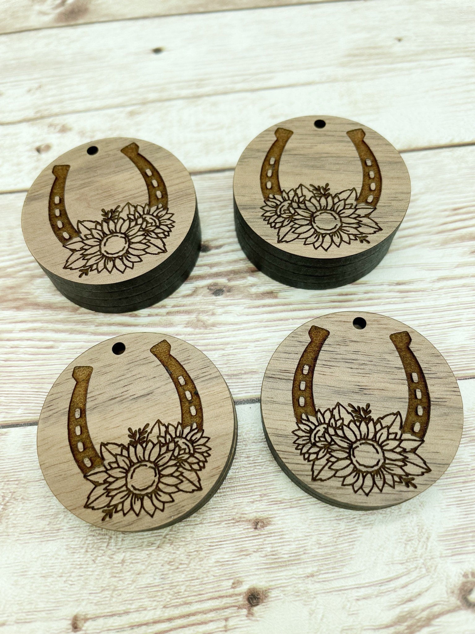 Wood Engraved Floral Horseshoe Earring Blanks, Finished Walnut Blank, DIY Jewelry Making