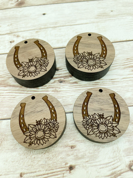 Wood Engraved Floral Horseshoe Earring Blanks, Finished Walnut Blank, DIY Jewelry Making
