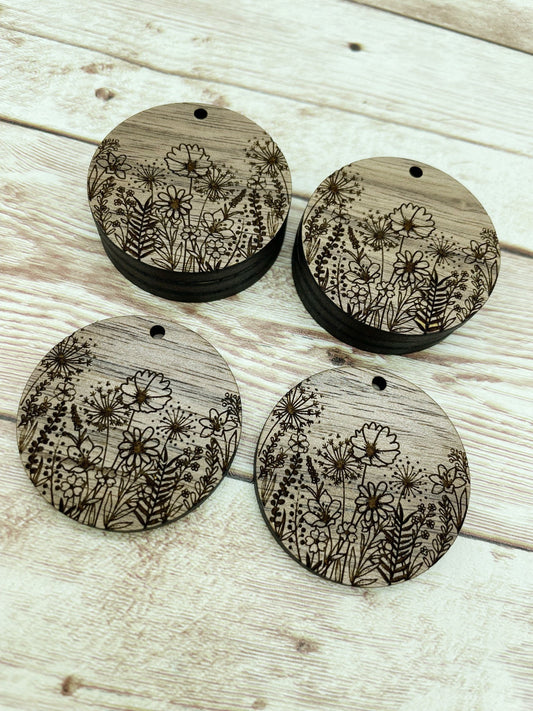 Wood Circle Engraved Wildflower Earring Blanks, Finished Walnut Blank, DIY Jewelry Making