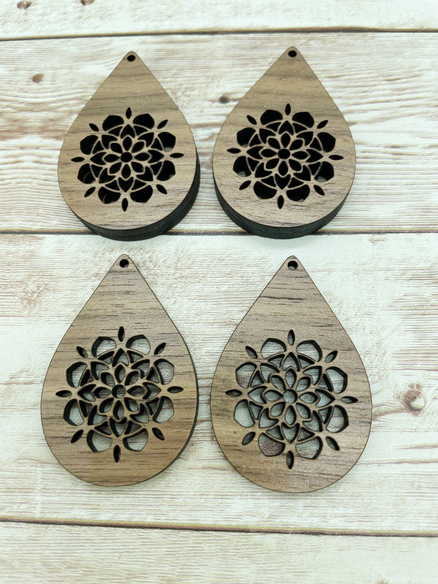 Wood Teardrop Mandala Flower Earring Blanks, Finished Walnut Blank, DIY Jewelry Making