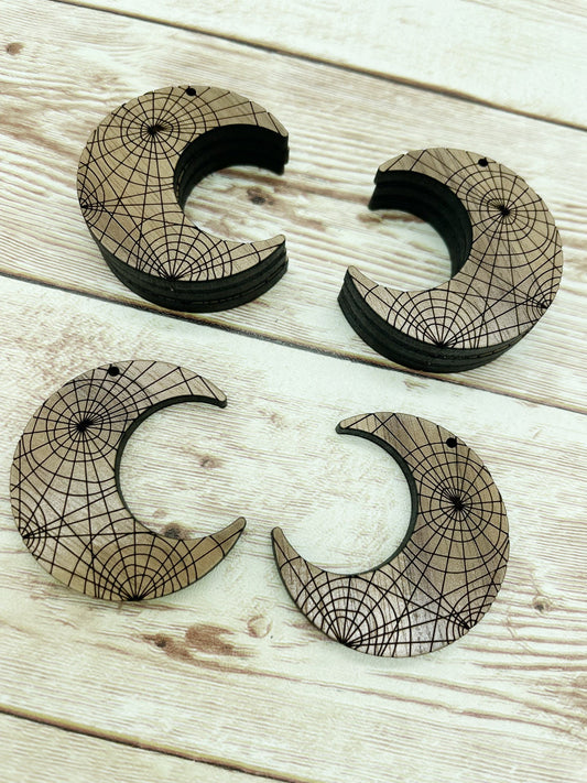 Wood Engraved Spiderweb Moon Earring Blanks, Finished Walnut Blank, DIY Jewelry Making