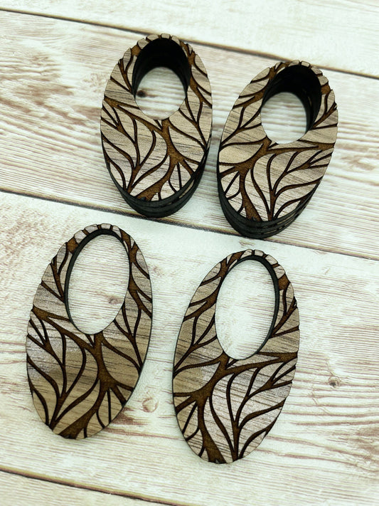 Wood Oval Engraved Leaf Earring Blanks, Finished Walnut Blank, DIY Jewelry Making