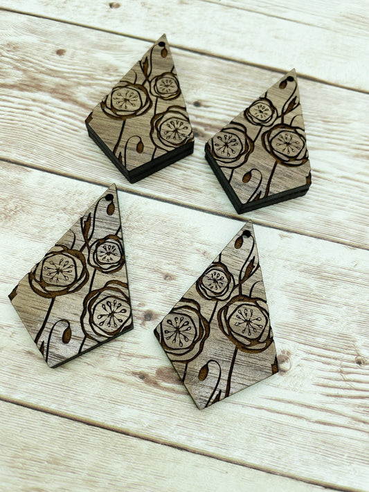 Wood Diamond Engraved Flower Earring Blanks, Finished Walnut Blank, DIY Jewelry Making