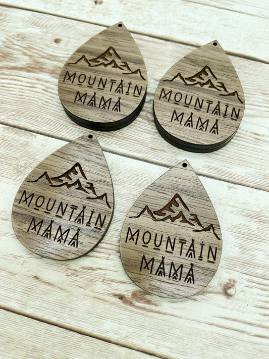 Wood Teardrop Engraved Mountain Mama Earring Blanks, Finished Walnut Blank, DIY Jewelry Making