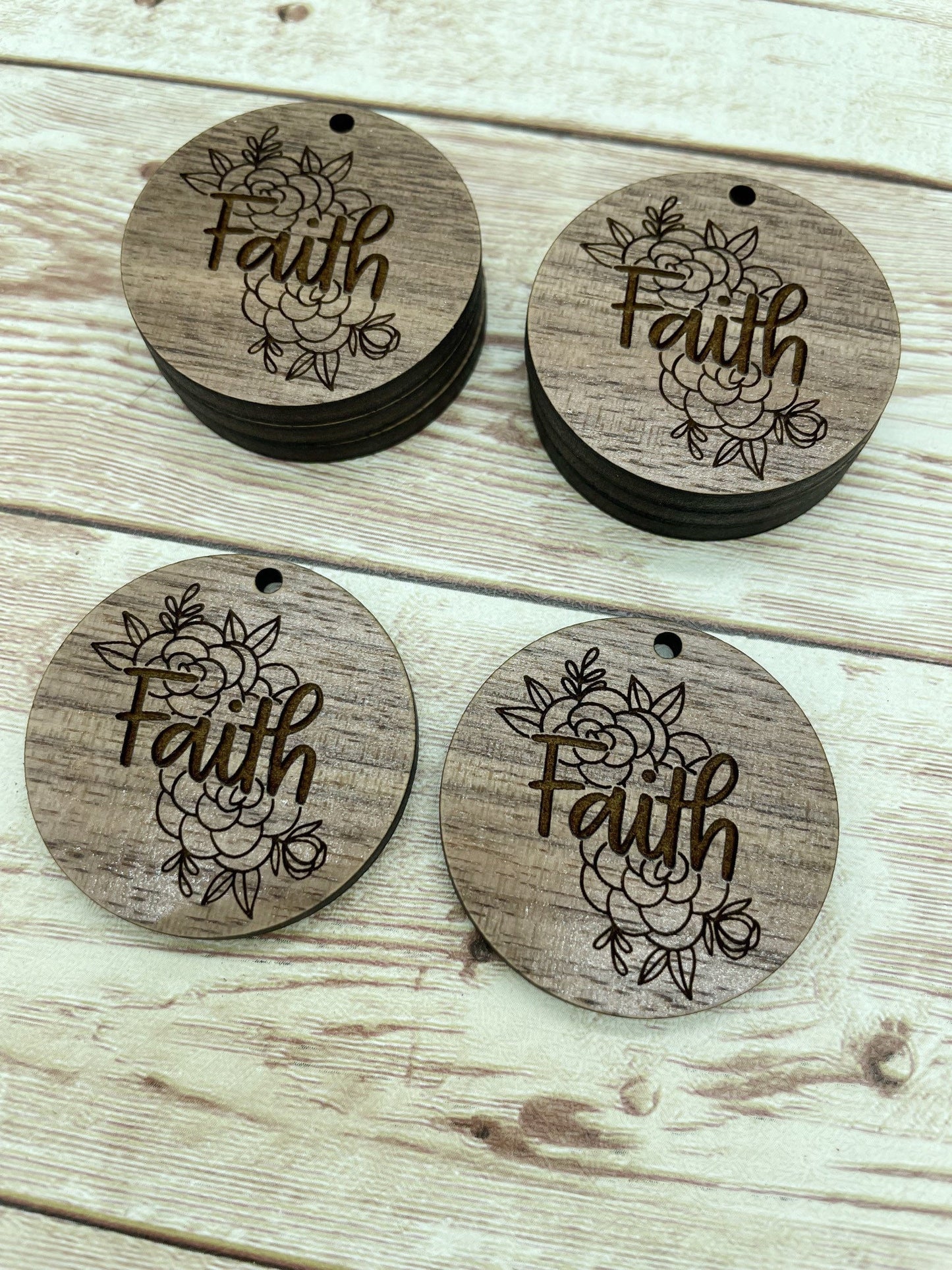 Wood Circle Engraved Floral Faith Earring Blanks, Finished Walnut Blank, DIY Jewelry Making