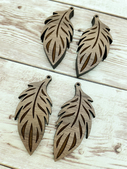 Wood Engraved Feather Earring Blanks, Finished Walnut Blank, DIY Jewelry Making
