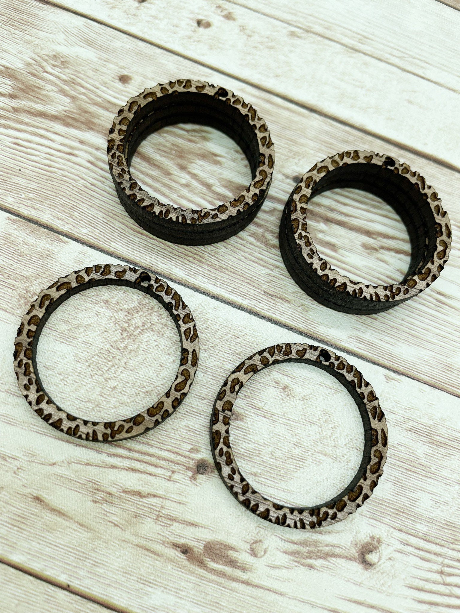 Wood Engraved Leopard Print Hoop Earring Blanks, Finished Walnut Blank, DIY Jewelry Making