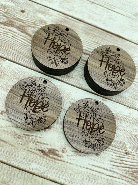 Wood Circle Engraved Floral Hope Earring Blanks, Finished Walnut Blank, DIY Jewelry Making