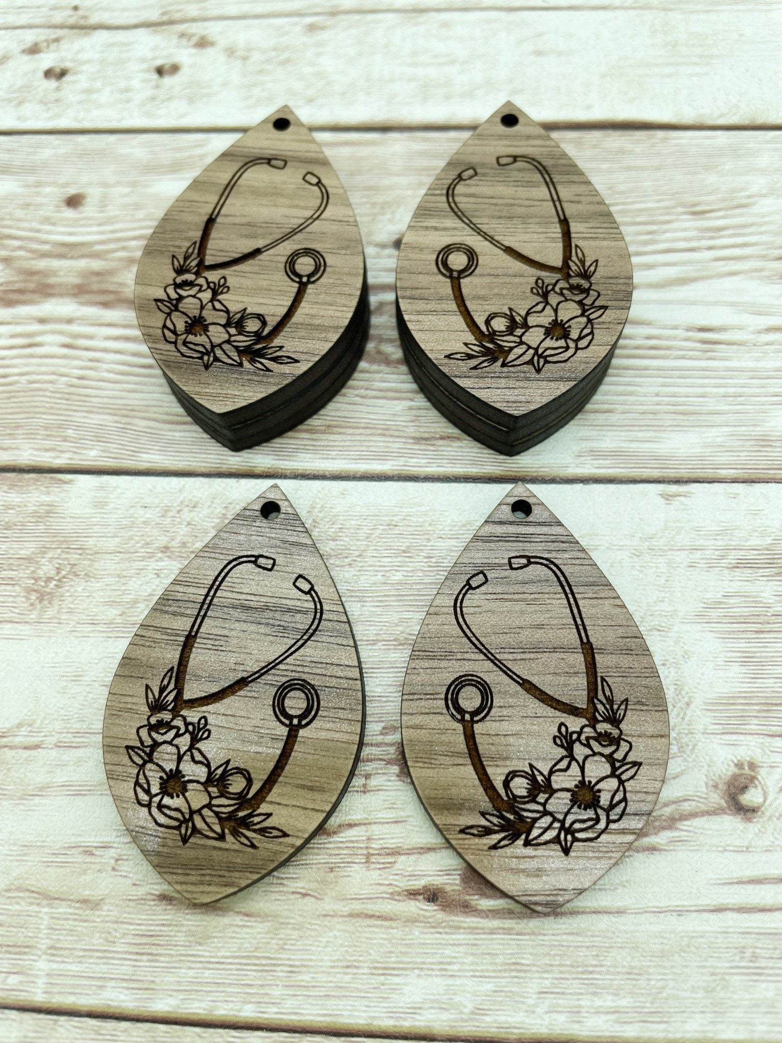 Wood Teardrop Engraved Floral Stethoscope Nurse Doctor Earring Blanks, Finished Walnut Blank, DIY Jewelry Making