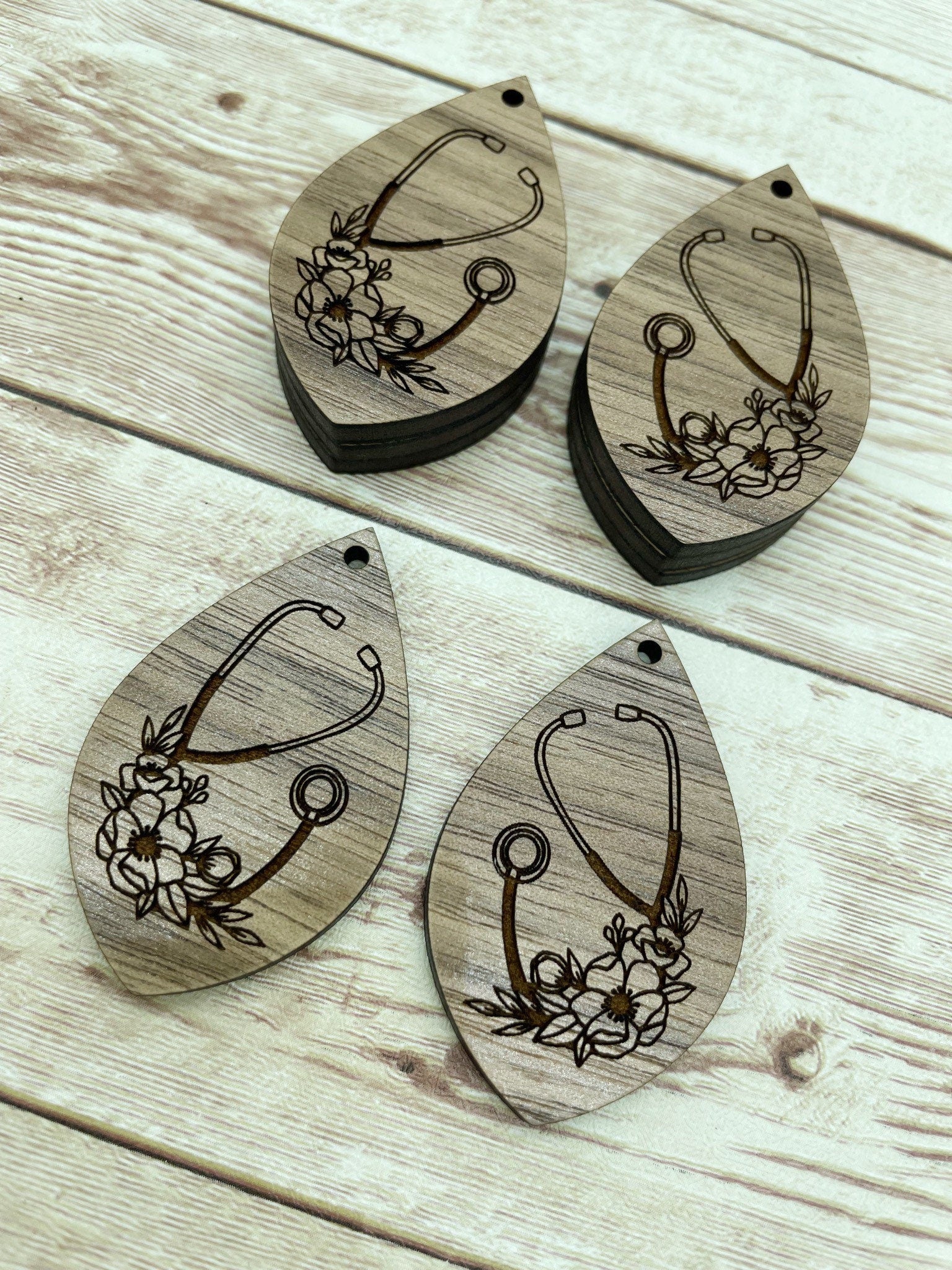 Wood Teardrop Engraved Floral Stethoscope Nurse Doctor Earring Blanks, Finished Walnut Blank, DIY Jewelry Making