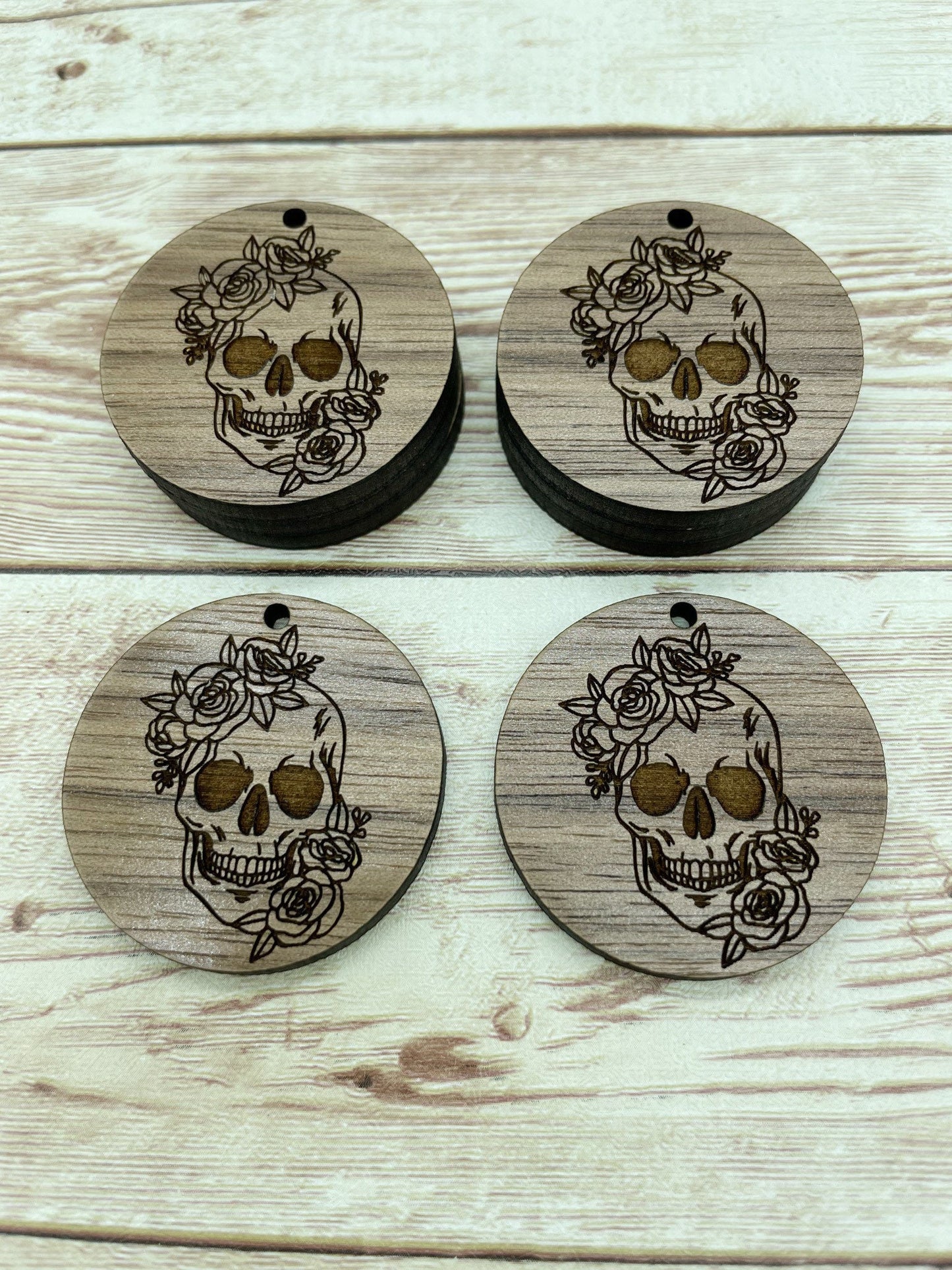Wood Circle Engraved Floral Skull Earring Blanks, Finished Walnut Blank, DIY Jewelry Making