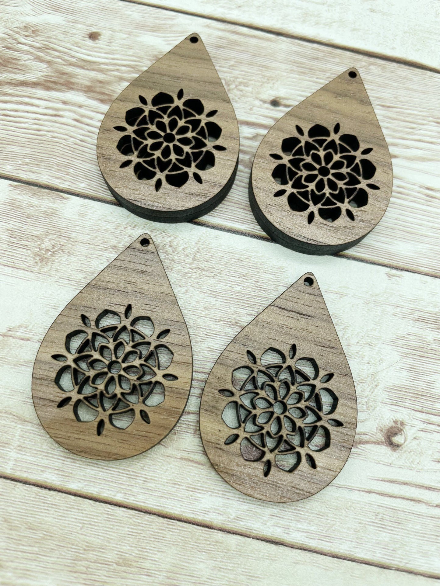 Wood Teardrop Mandala Flower Earring Blanks, Finished Walnut Blank, DIY Jewelry Making