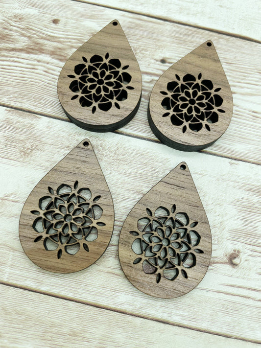 Wood Teardrop Mandala Flower Earring Blanks, Finished Walnut Blank, DIY Jewelry Making