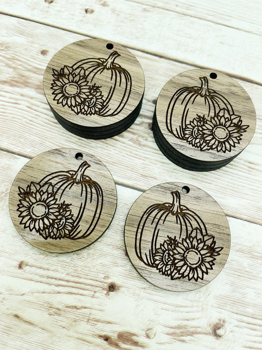 Wood Circle Engraved Sunflower Pumpkin Earring Blanks, Finished Walnut Blank, DIY Jewelry Making