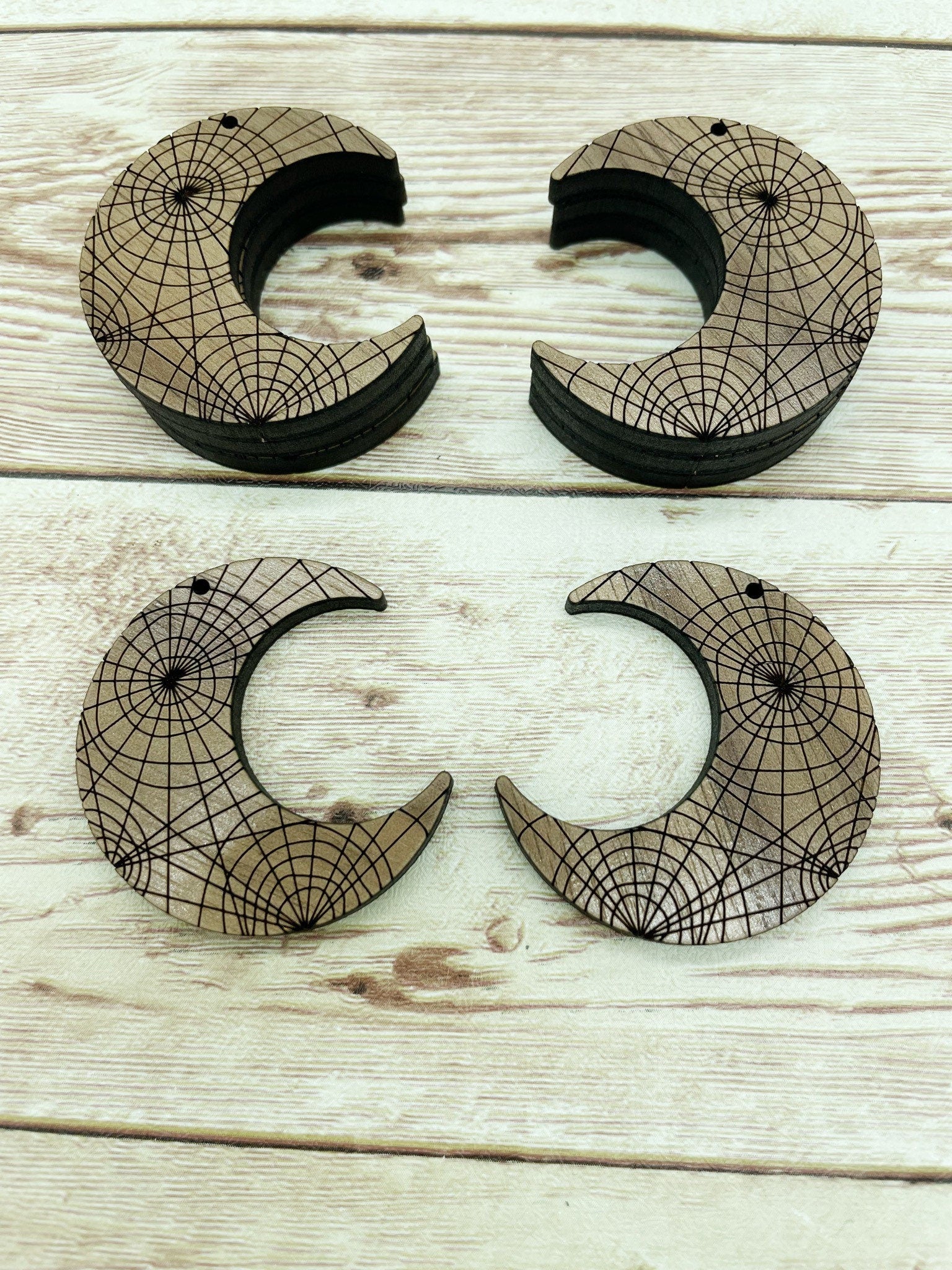 Wood Engraved Spiderweb Moon Earring Blanks, Finished Walnut Blank, DIY Jewelry Making