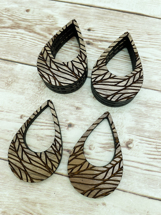 Wood Teardrop Engraved Leaf Earring Blanks, Finished Walnut Blank, DIY Jewelry Making