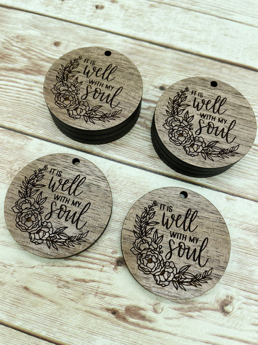 Wood Circle Engraved Well With My Soul Earring Blanks, Finished Walnut Blank, DIY Jewelry Making
