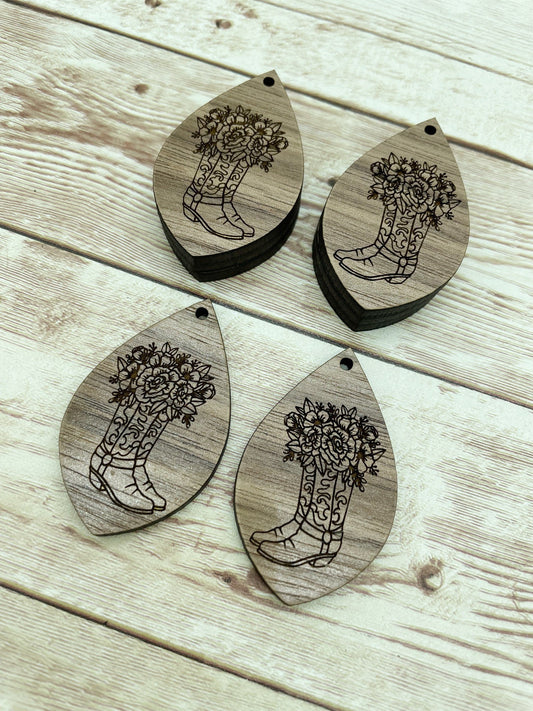 Wood Teardrop Engraved Floral Cowboy Boot Earring Blanks, Finished Walnut Blank, DIY Jewelry Making