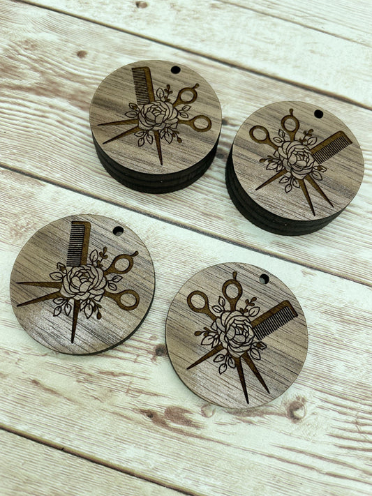 Wood Circle Engraved Floral Hairdresser Earring Blanks, Finished Walnut Blank, DIY Jewelry Making