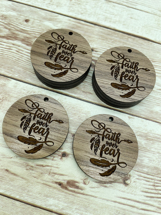 Wood Circle Engraved Faith Over Fear Boho Earring Blanks, Finished Walnut Blank, DIY Jewelry Making