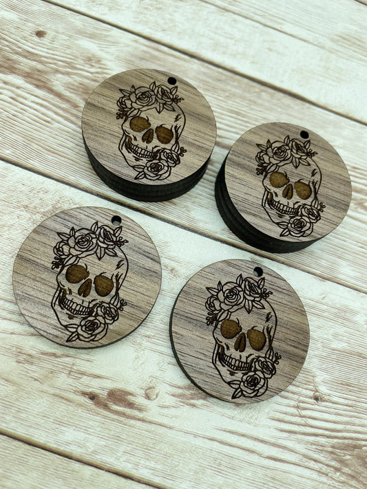 Wood Circle Engraved Floral Skull Earring Blanks, Finished Walnut Blank, DIY Jewelry Making
