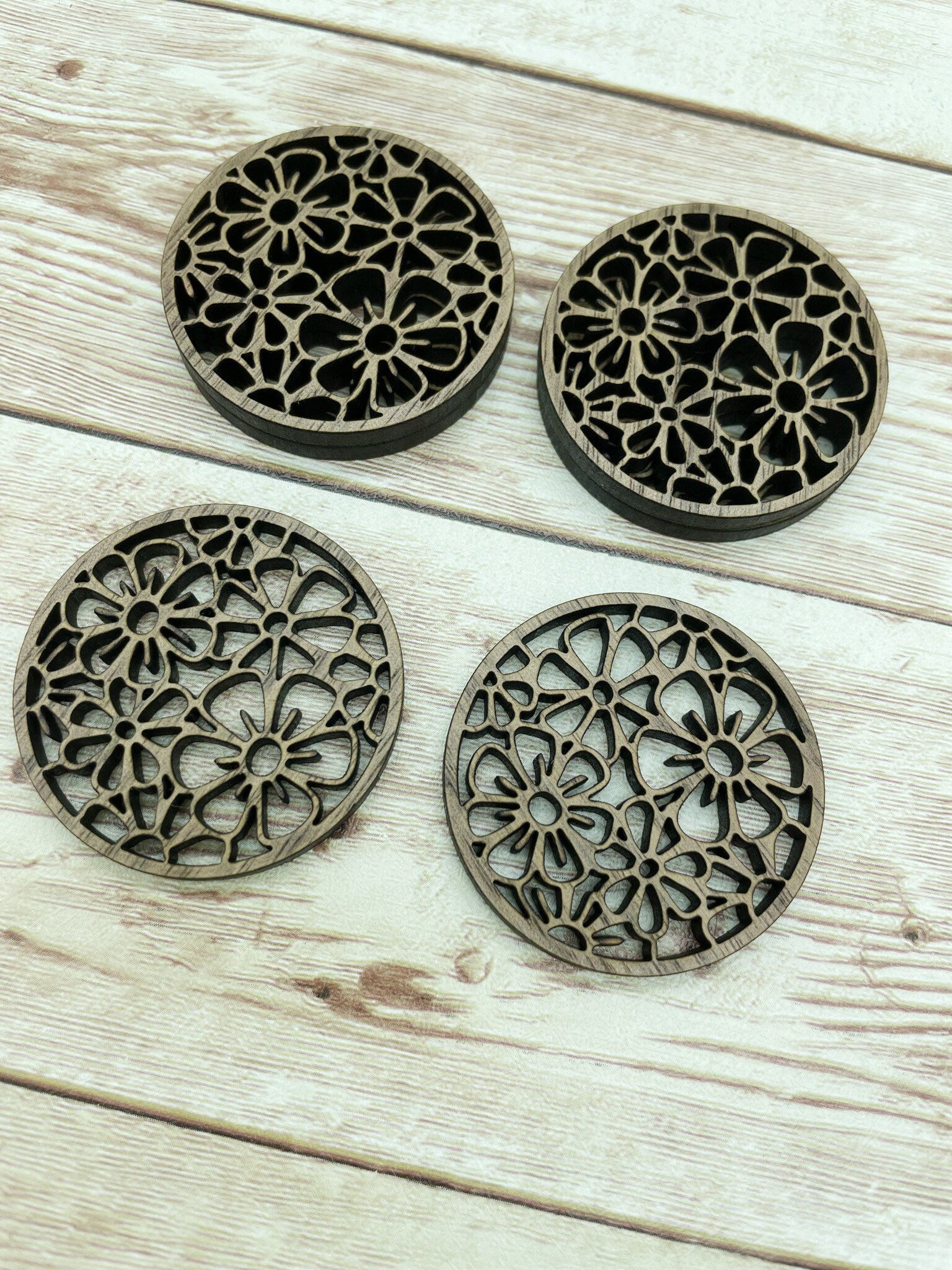 Wood Circle Round Floral Print Earring Blanks, Finished Walnut Blank, DIY Jewelry Making
