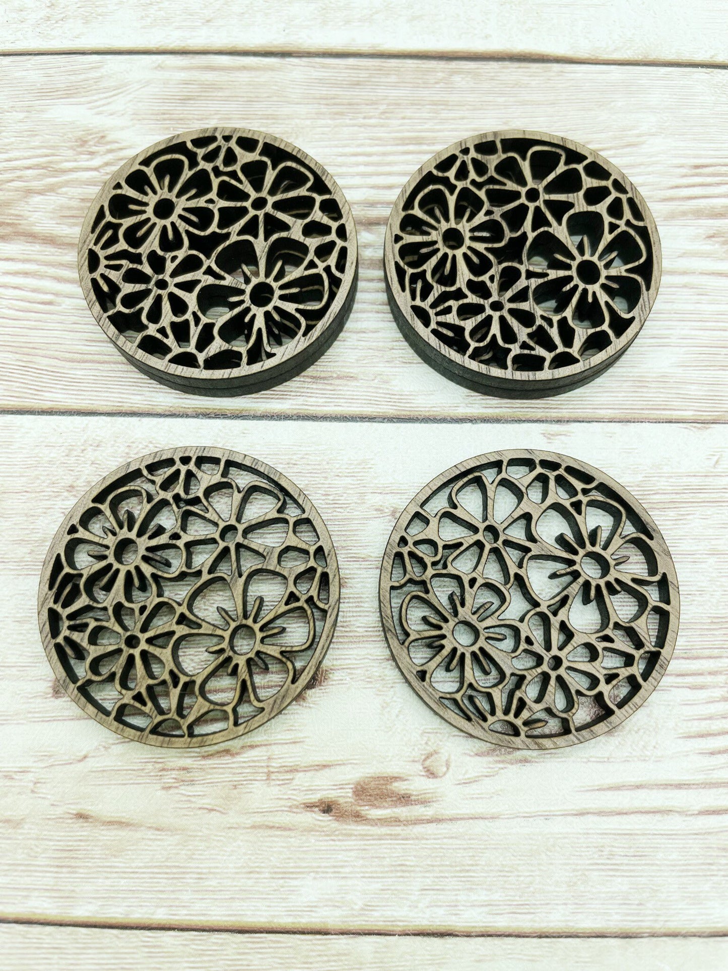Wood Circle Round Floral Print Earring Blanks, Finished Walnut Blank, DIY Jewelry Making