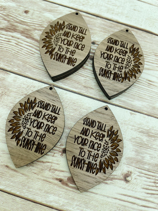 Wood Teardrop Engraved Stand Tall Sunflower Earring Blanks, Finished Walnut Blank, DIY Jewelry Making