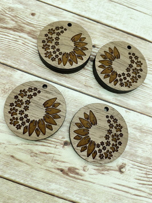 Wood Circle Engraved Paw Cat Dog Sunflower Earring Blanks, Finished Walnut Blank, DIY Jewelry Making
