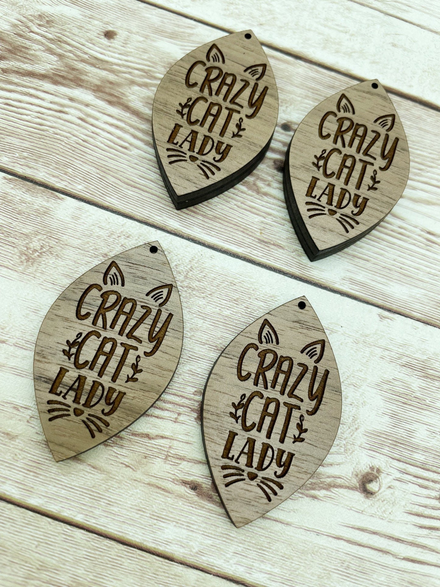 Wood Teardrop Engraved Crazy Cat Lady Earring Blanks, Finished Walnut Blank, DIY Jewelry Making