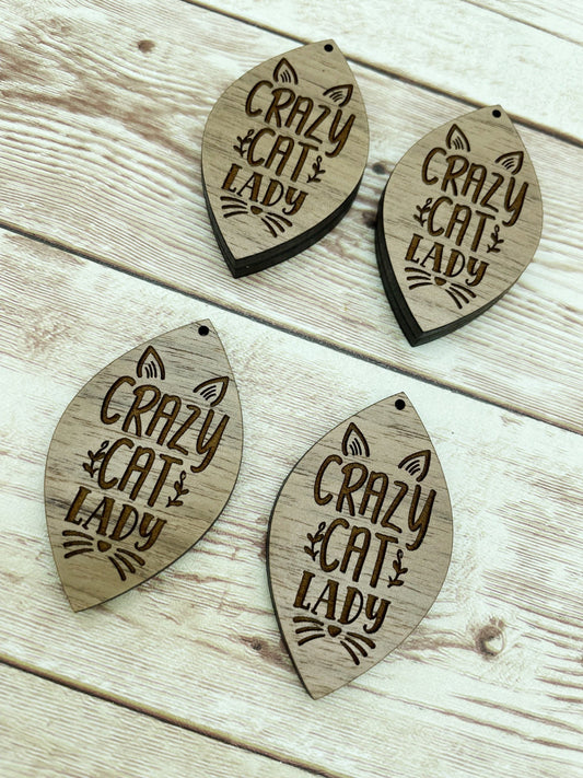Wood Teardrop Engraved Crazy Cat Lady Earring Blanks, Finished Walnut Blank, DIY Jewelry Making