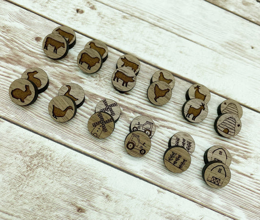 Wood Engraved Farm Animal Set of 12 Stud Earring Blanks, Finished Walnut Blank, DIY Jewelry Making