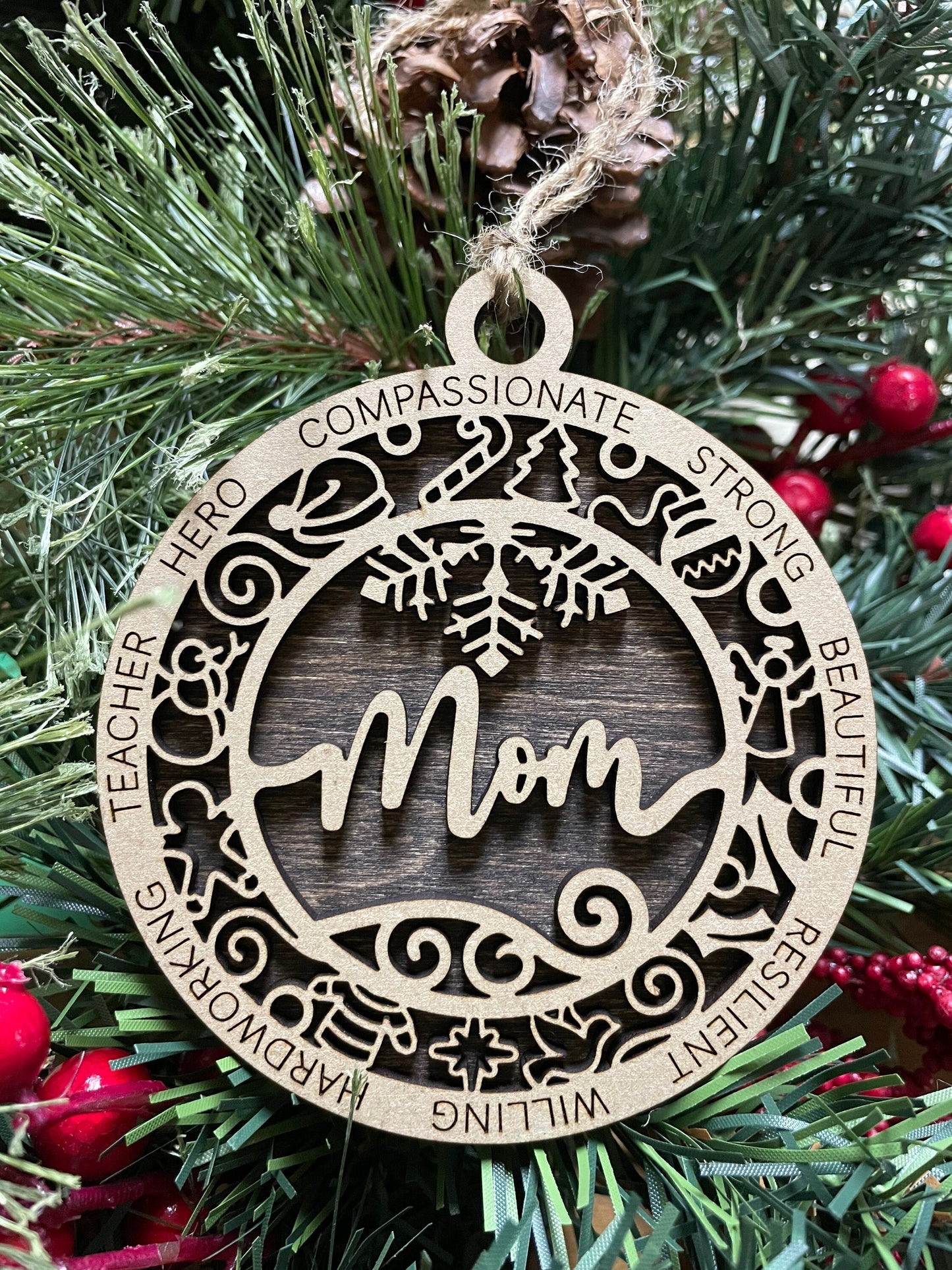 Mom Christmas Ornament, Wood Ornament, Holiday Christmas Gift, Laser Cut Engraved