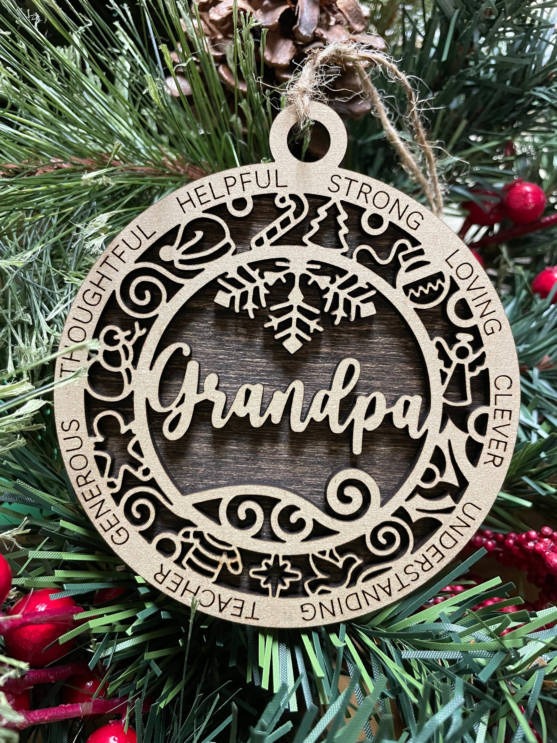 Grandpa Christmas Ornament, Wood Ornament, Holiday Christmas Gift, Laser Cut Engraved