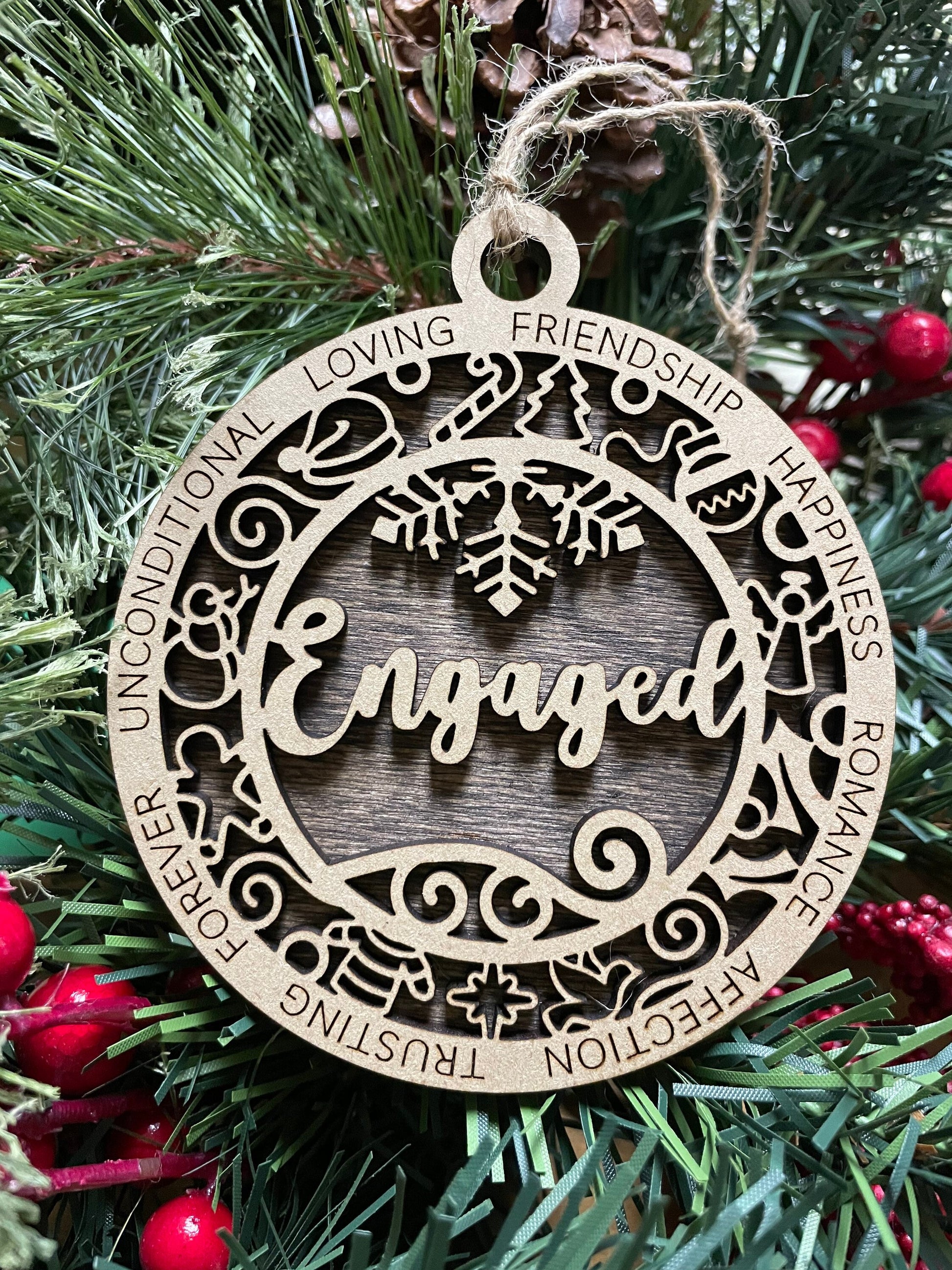 Engaged Christmas Ornament, Wood Ornament, Holiday Christmas Gift, Laser Cut Engraved