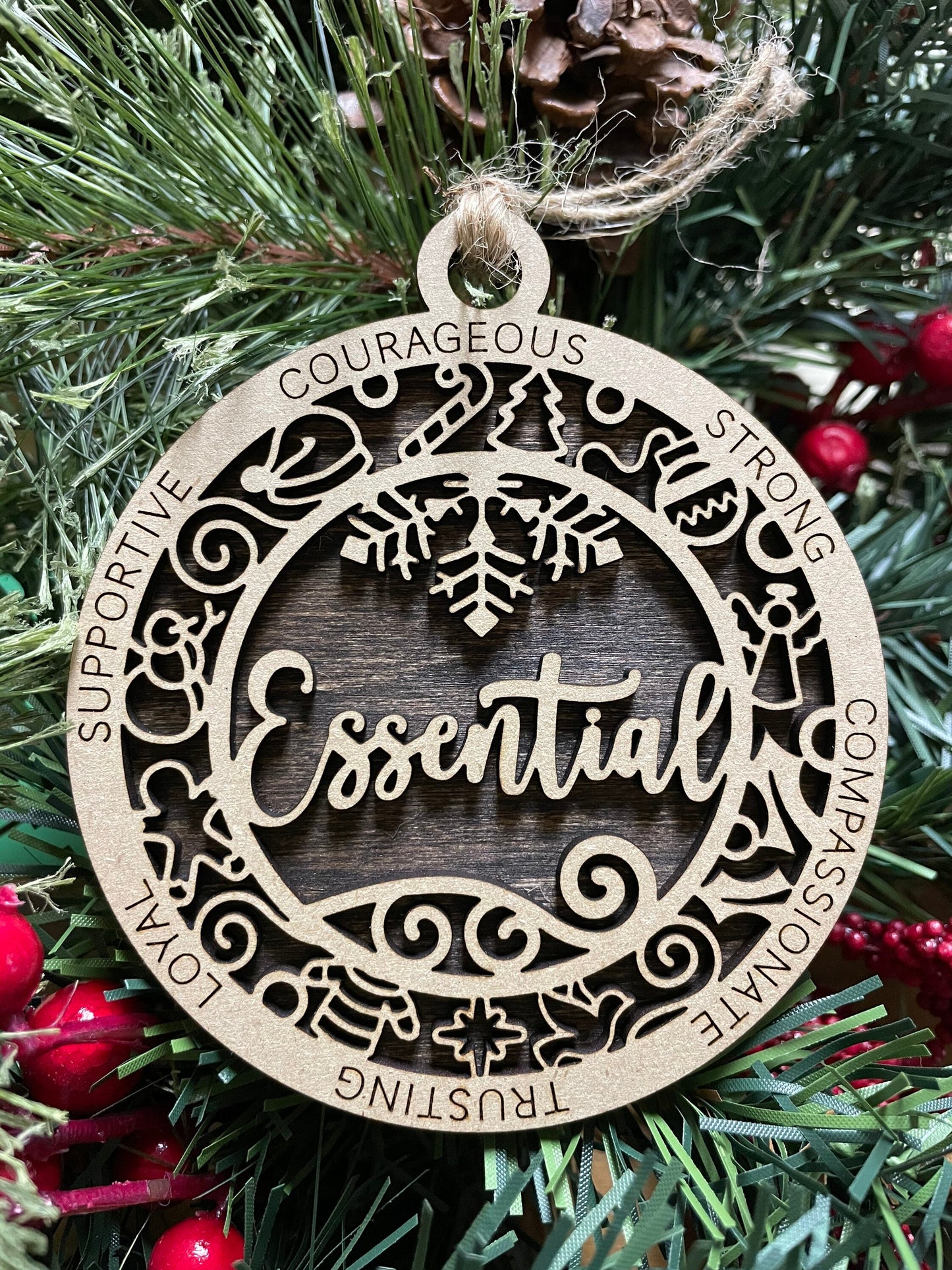 Essential Christmas Ornament, Wood Ornament, Holiday Christmas Gift, Laser Cut Engraved