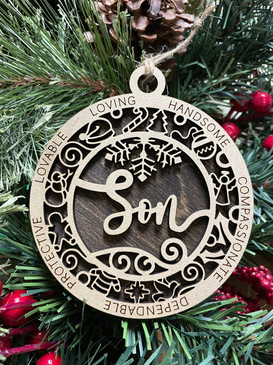 Son Christmas Ornament, Wood Ornament, Holiday Christmas Gift, Laser Cut Engraved
