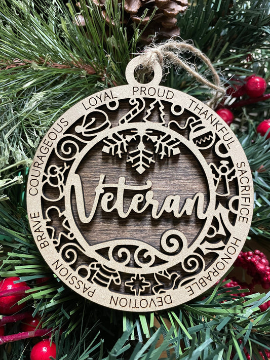 Veteran Christmas Ornament, Wood Ornament, Holiday Christmas Gift, Laser Cut Engraved