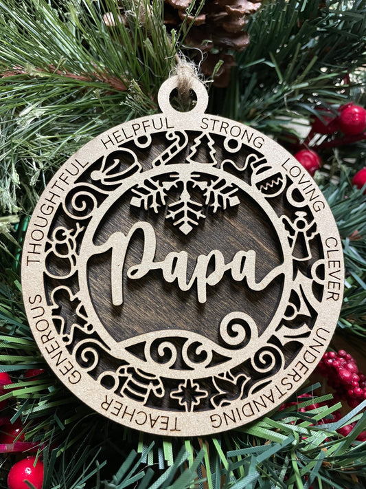 Papa Christmas Ornament, Wood Ornament, Holiday Christmas Gift, Laser Cut Engraved
