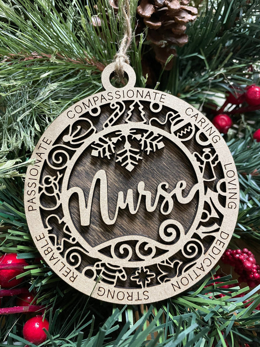 Nurse Christmas Ornament, Wood Ornament, Holiday Christmas Gift, Laser Cut Engraved