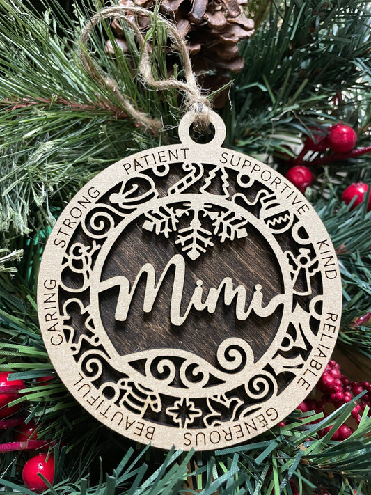 Mimi Christmas Ornament, Wood Ornament, Holiday Christmas Gift, Laser Cut Engraved