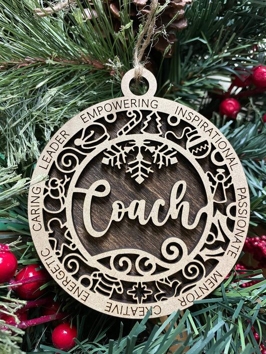 Coach Christmas Ornament, Wood Ornament, Holiday Christmas Gift, Laser Cut Engraved