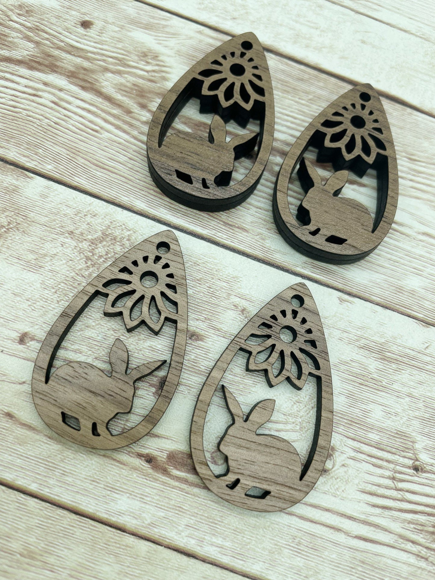 Wood Teardrop Rabbit Flower Earring Blanks, Finished Walnut Blank, DIY Jewelry Making