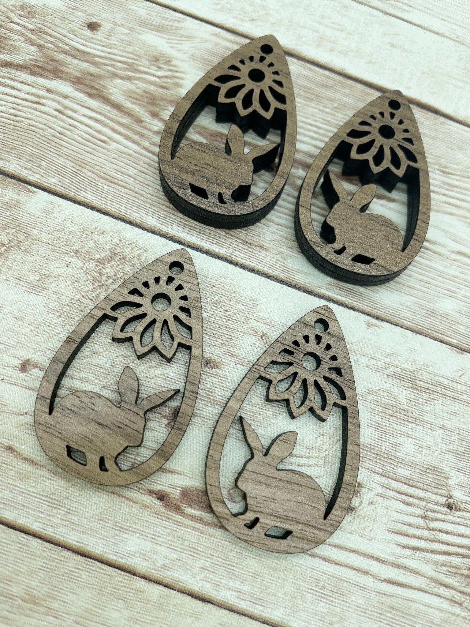Wood Teardrop Rabbit Flower Earring Blanks, Finished Walnut Blank, DIY Jewelry Making